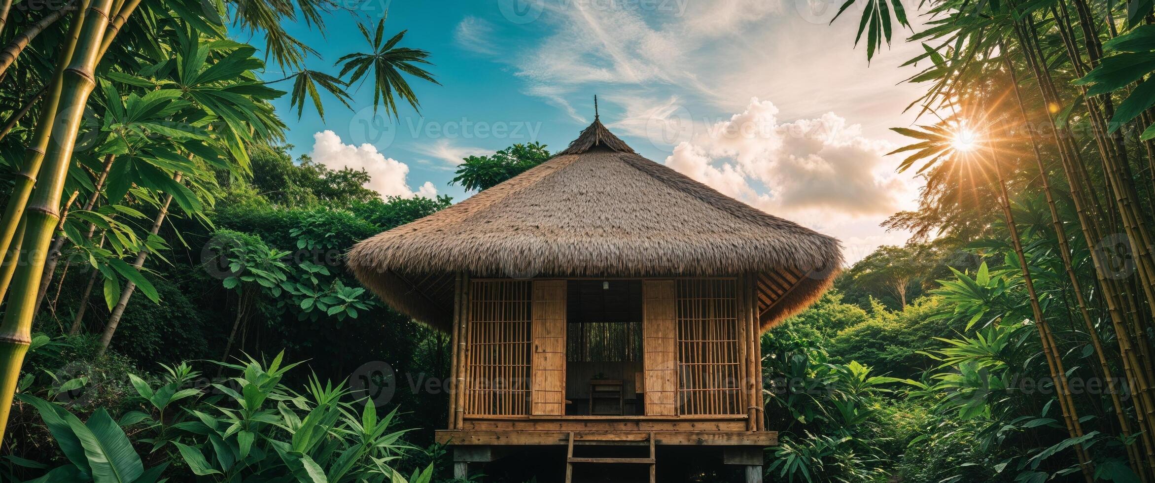 Tropical bamboo hut under a bright sky surrounded by lush greenery and sunlight photo