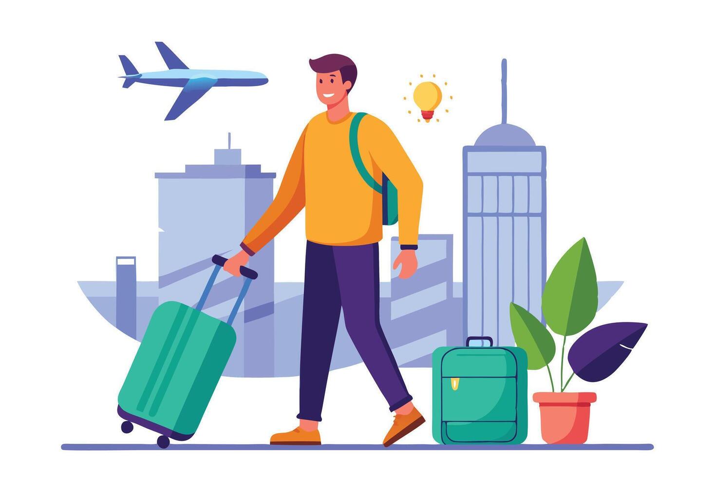 Flat Man Pulling Luggage Bag Walking Travel Trip Vacation On Cityscape vector