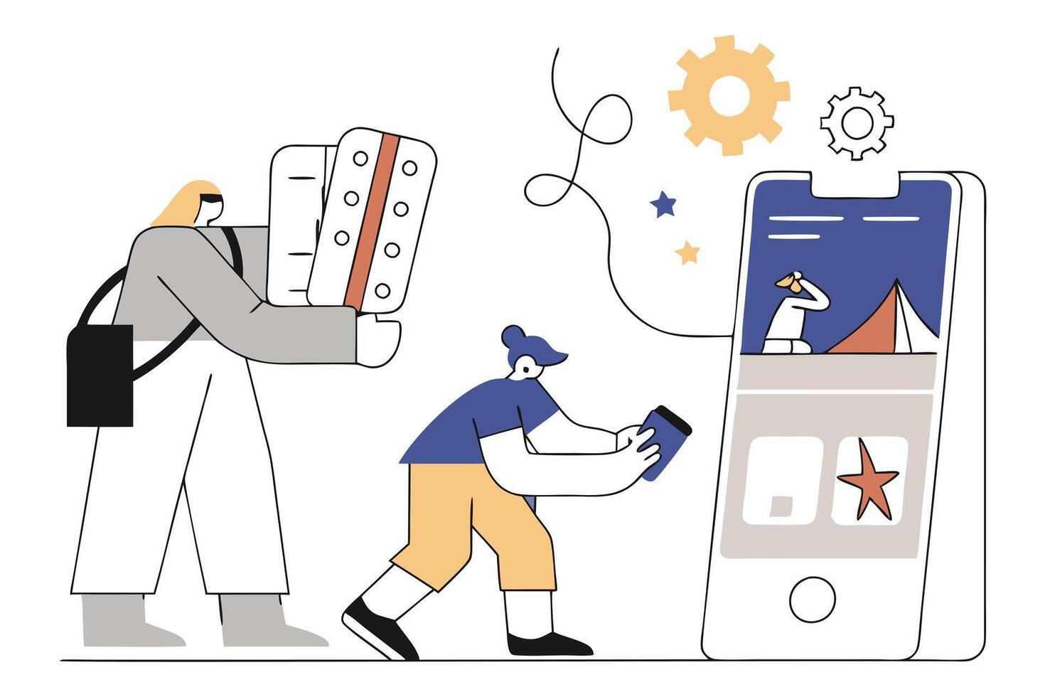 Blond Haired Woman with Accordion and Man with Mobile on White vector