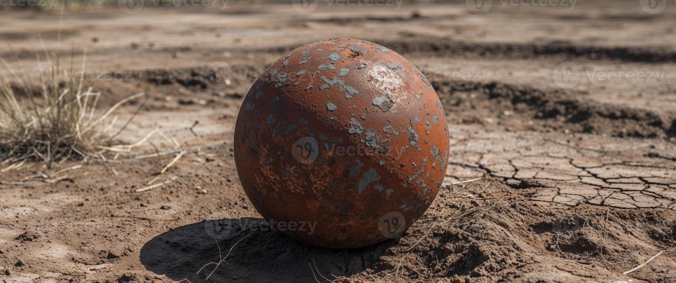 The image shows a rusty metal ball sitting on top of a dirt ground photo