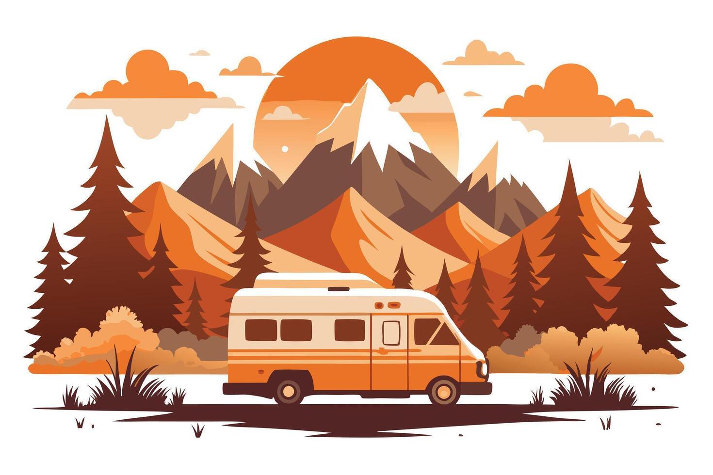 Retro Orange Campervan Against Mountainous Landscape, on White vector