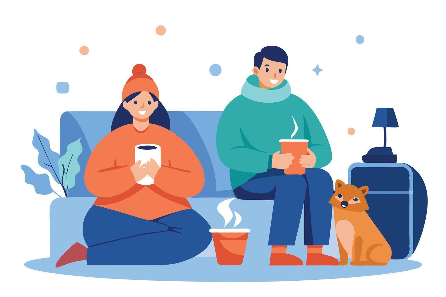 Cozy Couple Relaxing On Couch with Dog and Hot Drinks vector