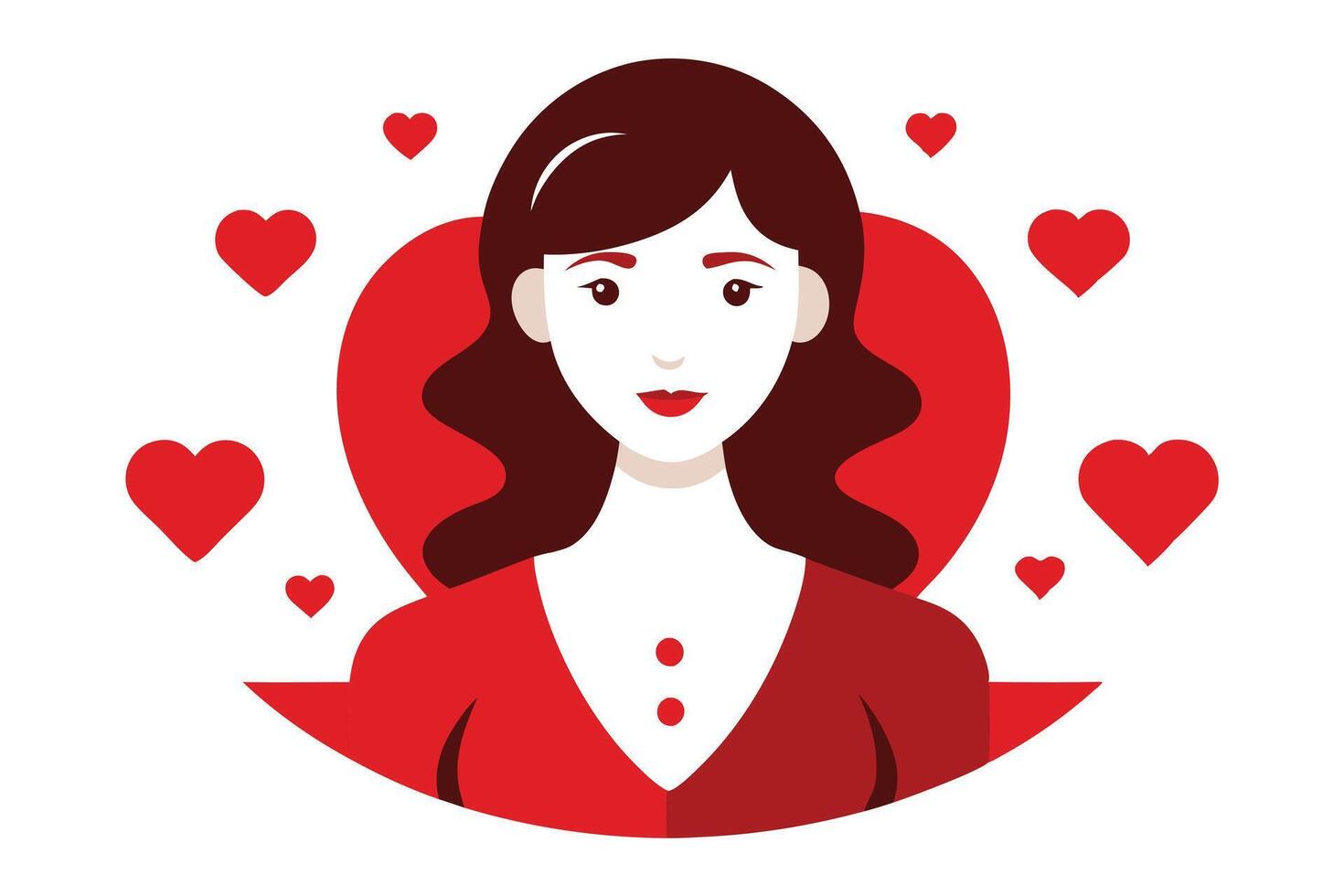 Flat Portrait of Woman with Bob Haircut, Red Dress and Hearts on White vector