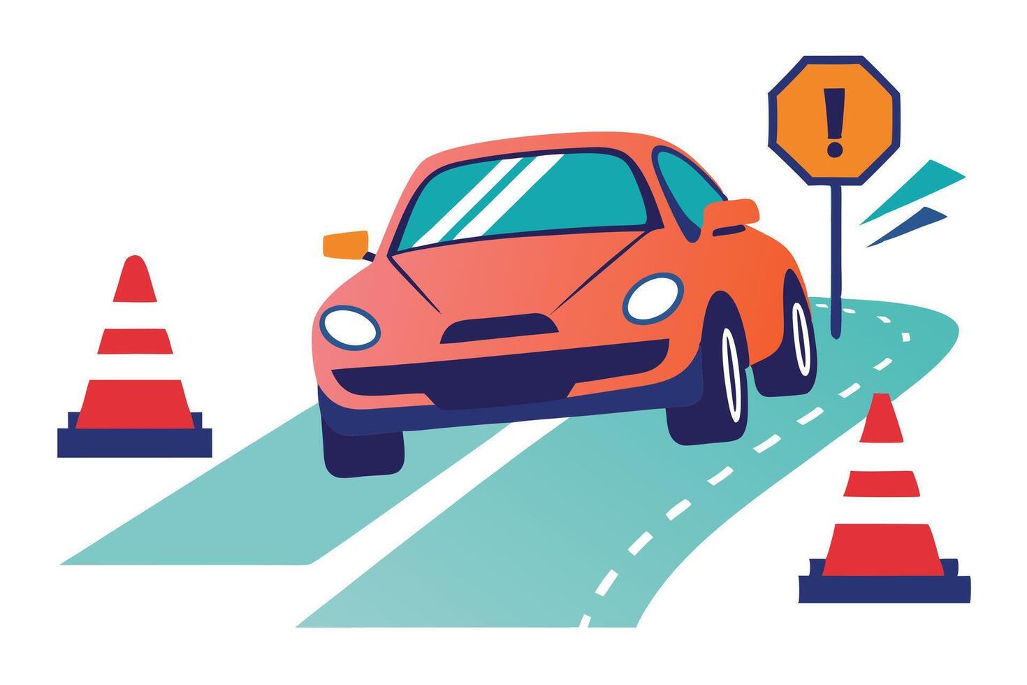 Orange Car on Turquoise Road with Warning Sign and Cones on White Background vector