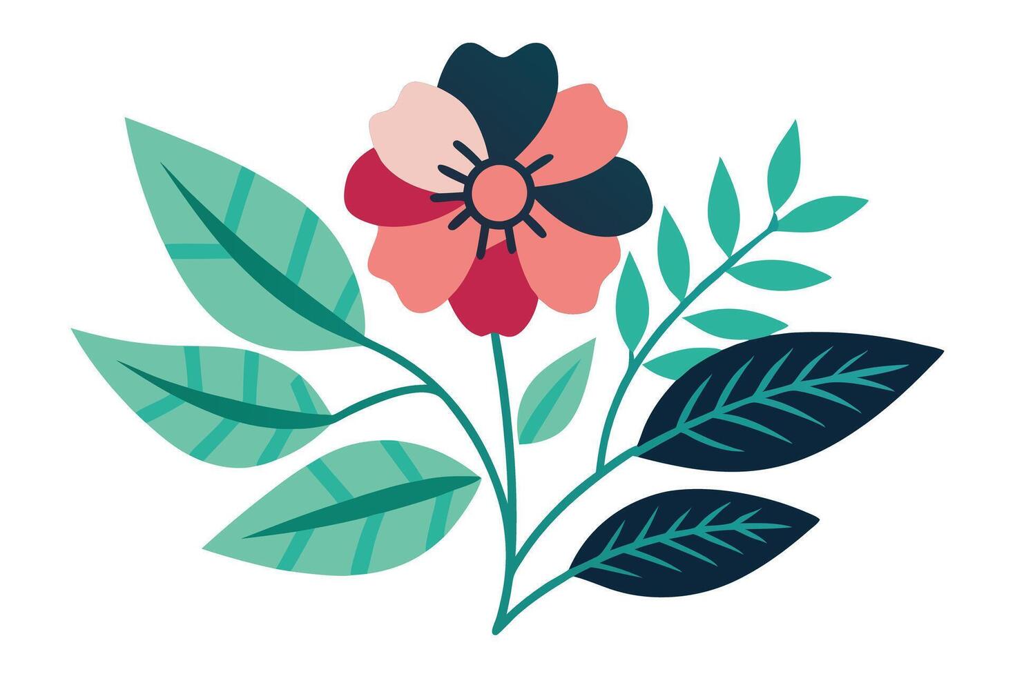 Pretty Pink Flower with Blue Leaves on White Background Flat Design vector
