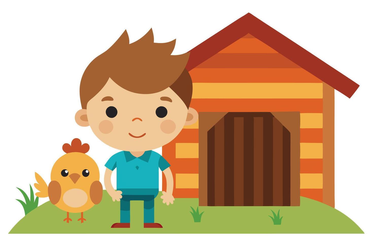 Cartoon Boy with Chicken Near Small Barn on Green Grass against White Background vector