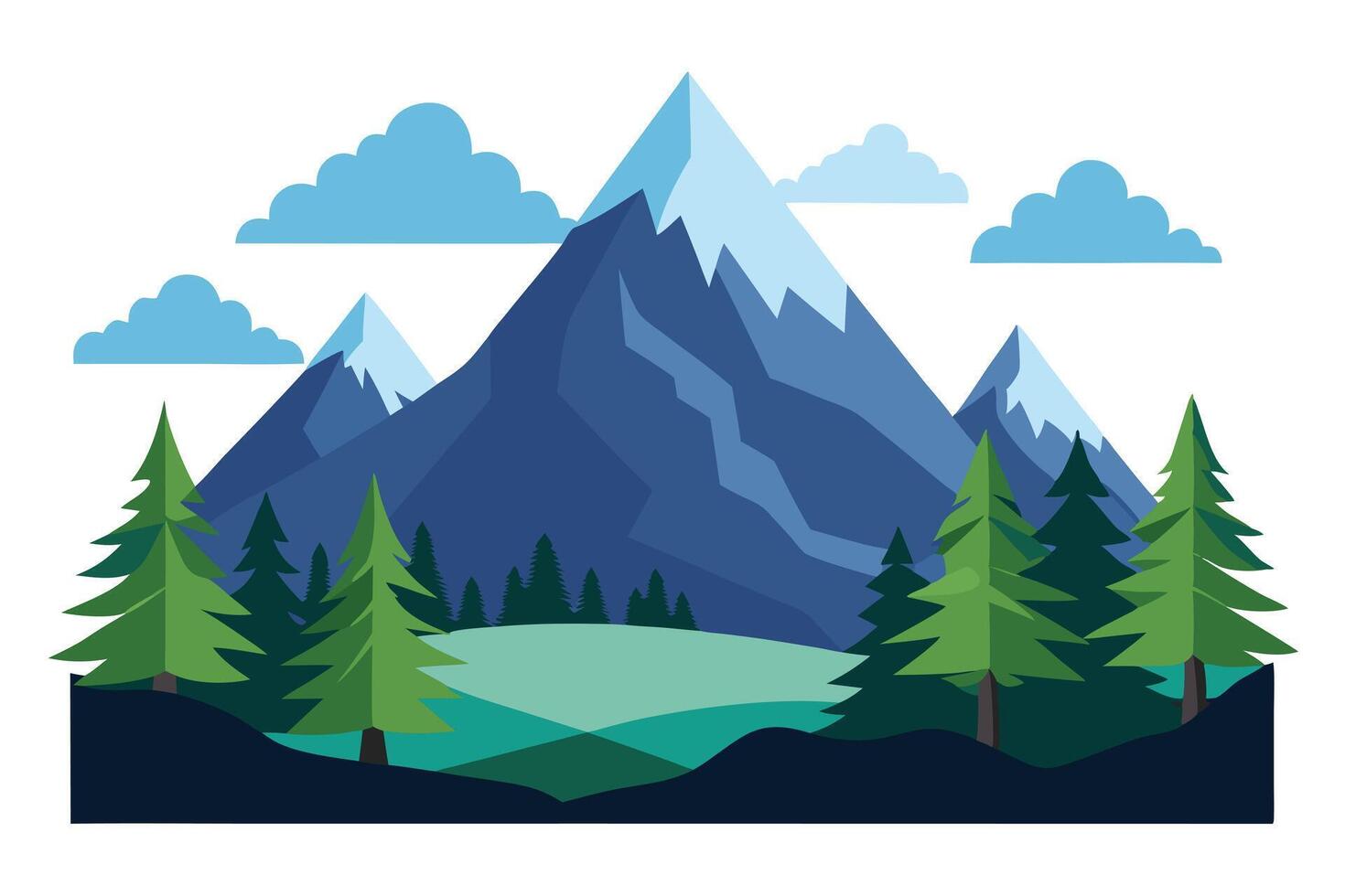 Mountain Peaks and Green Pine Trees with Blue Clouds on a White Background vector