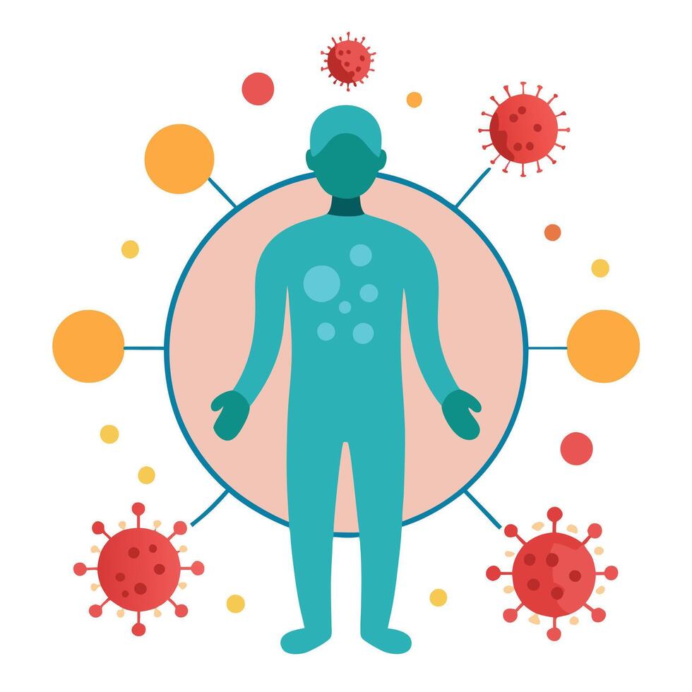 Virus around Teal Person with Peach Circle and Connections on White vector