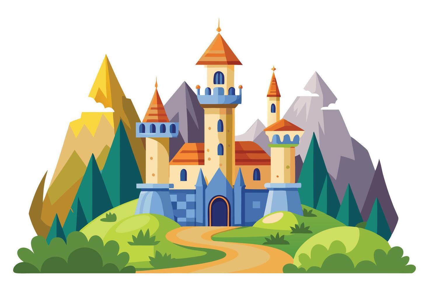Cartoon Fairytale Castle Towers With Mountains and Green Hills on White Background vector