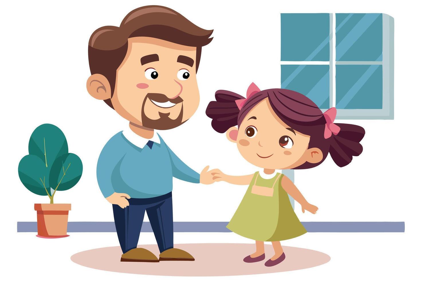 Cartoon Father and Daughter Holding Hands by Window with Plant Indoors vector
