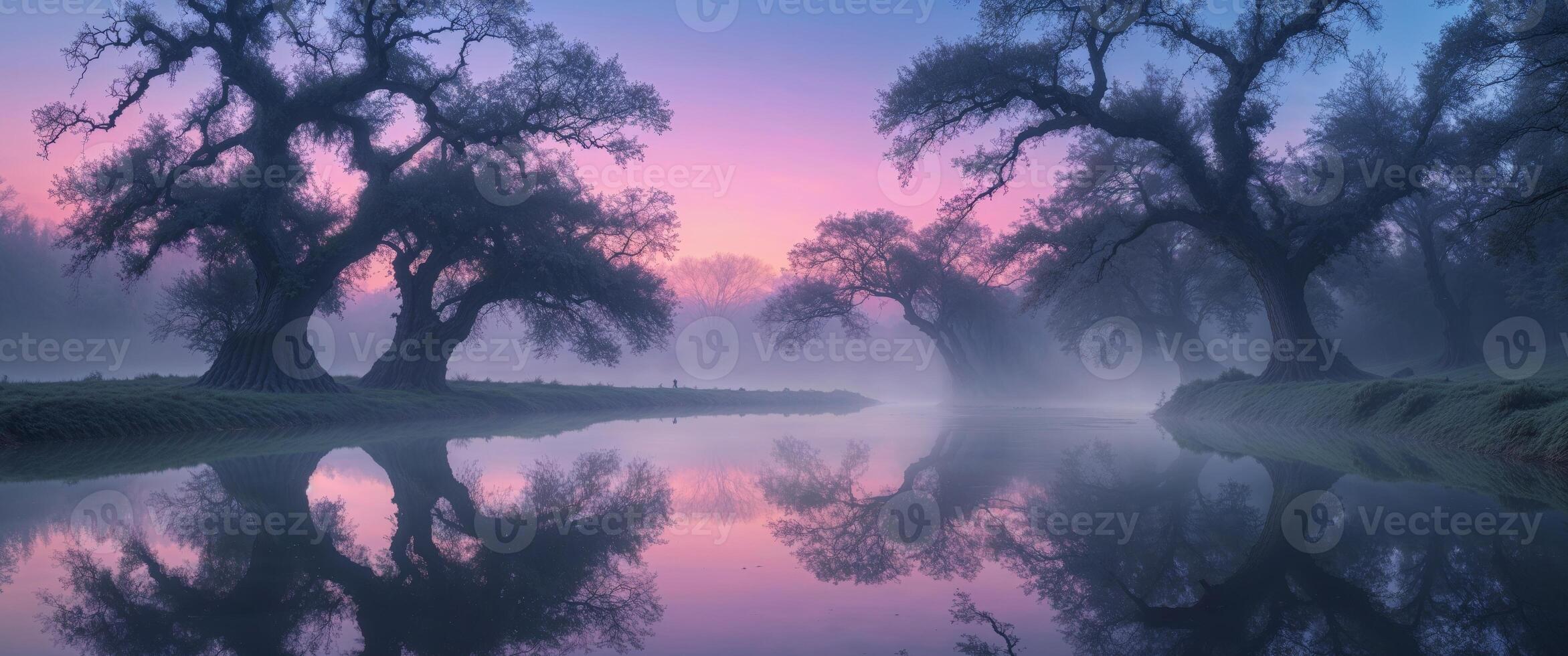 A river with trees and fog at sunset photo