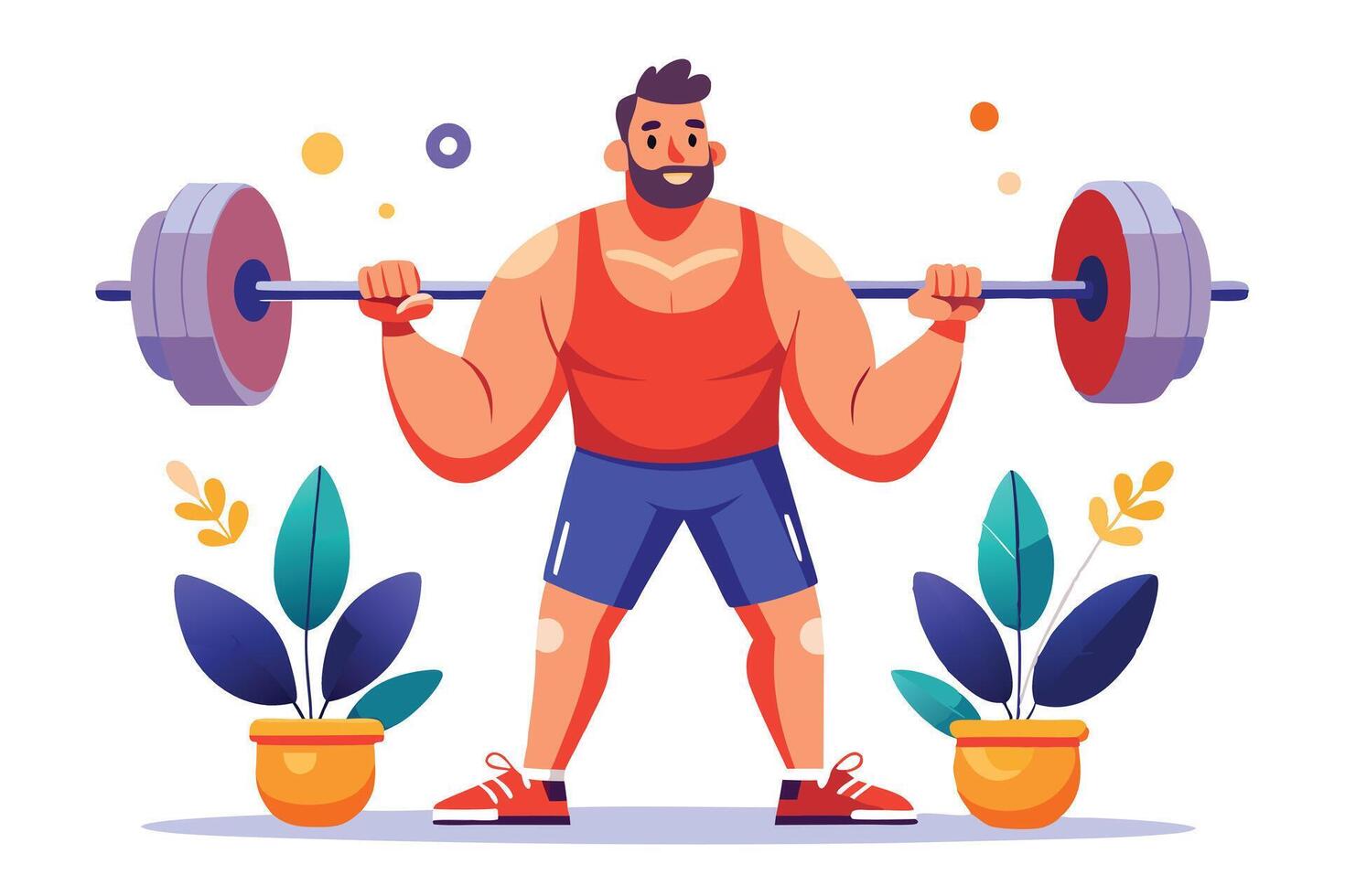 Cartoon man lifting barbell with plants on a white background flat design vector
