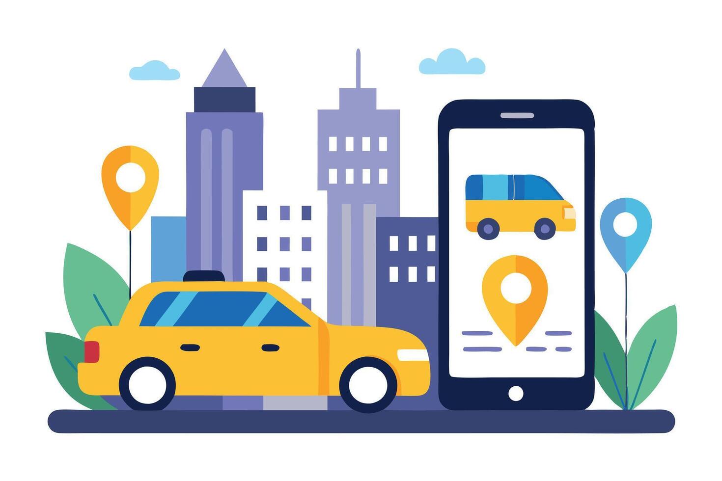 Flat Yellow Cab with Mobile Phone and City Buildings vector