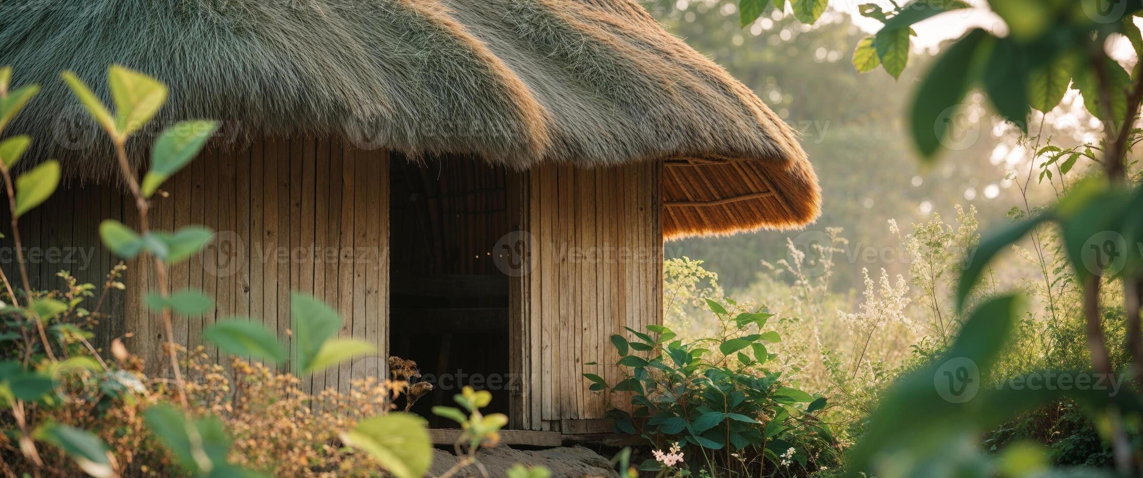 A thatched hut in the middle of a forest photo