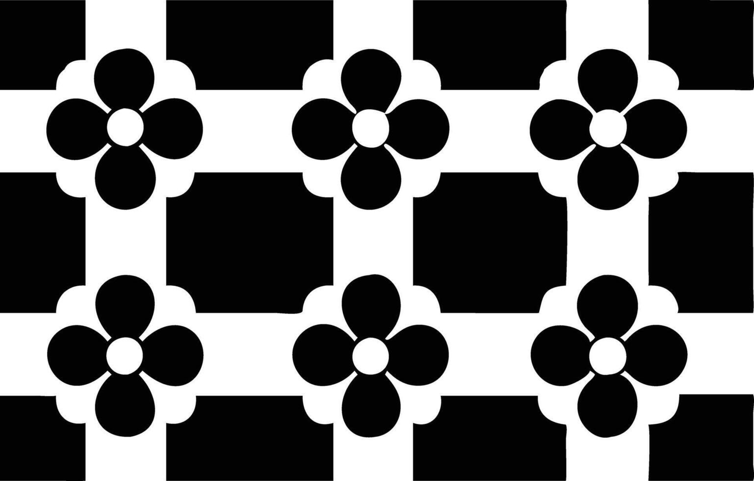 Retro Floral Pattern Design with Black Flowers and Squares on White Background vector