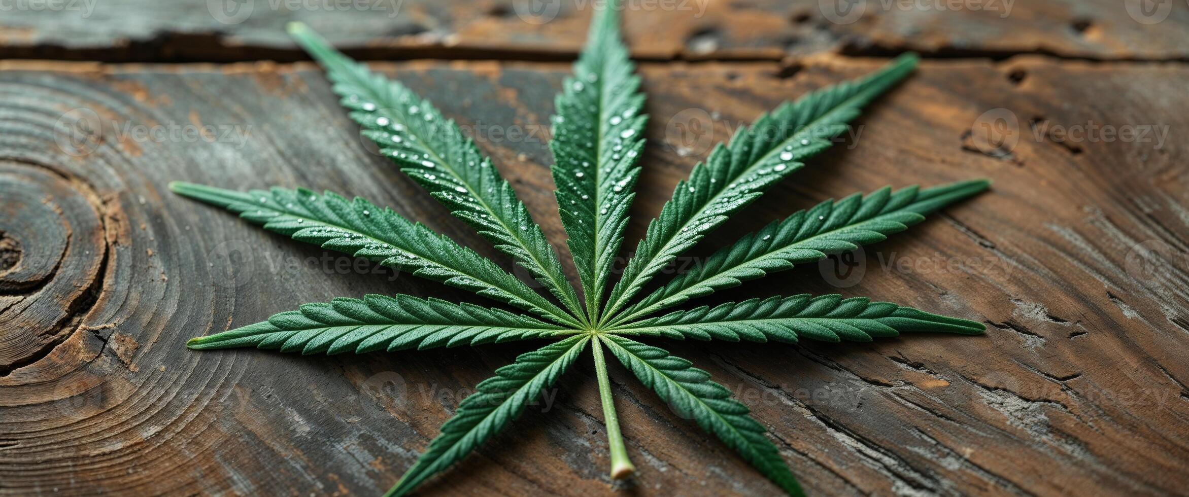 A marijuana leaf on a wooden surface photo