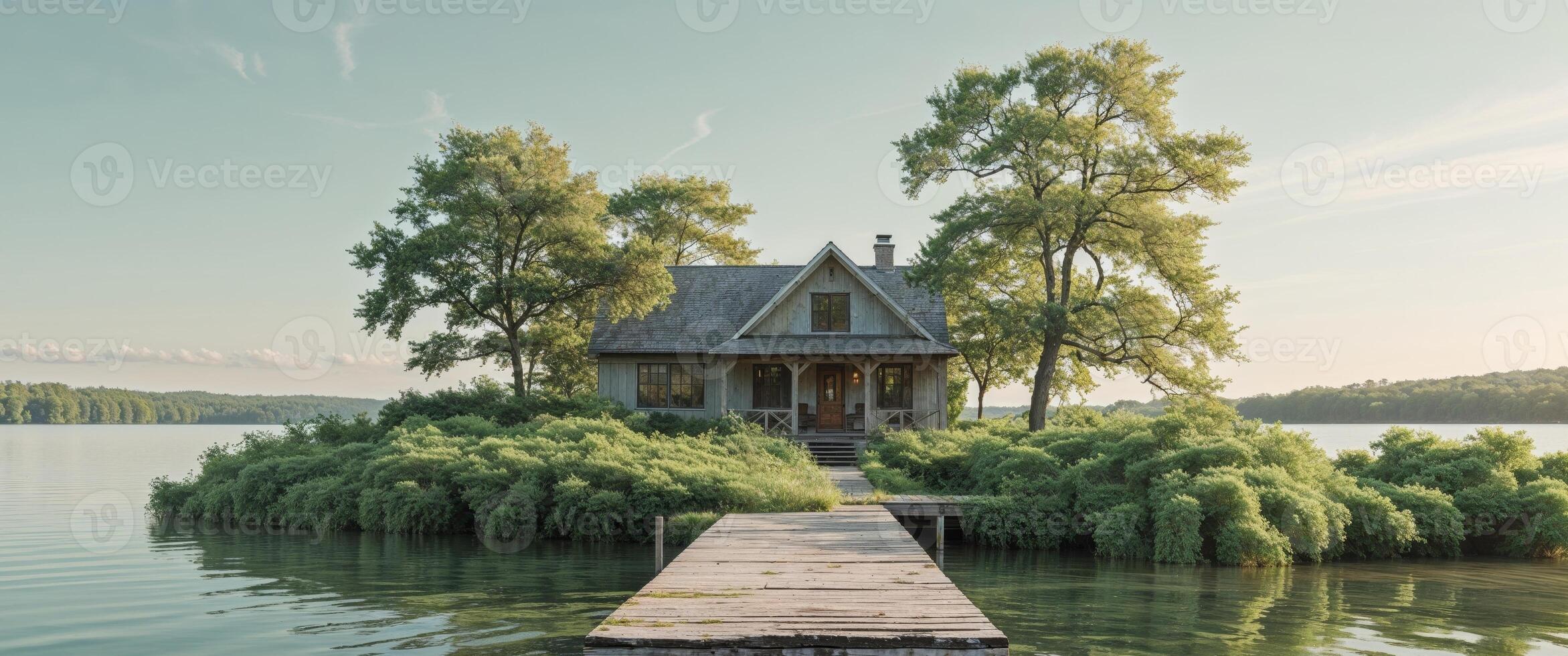 A small house on an island in the middle of a lake photo