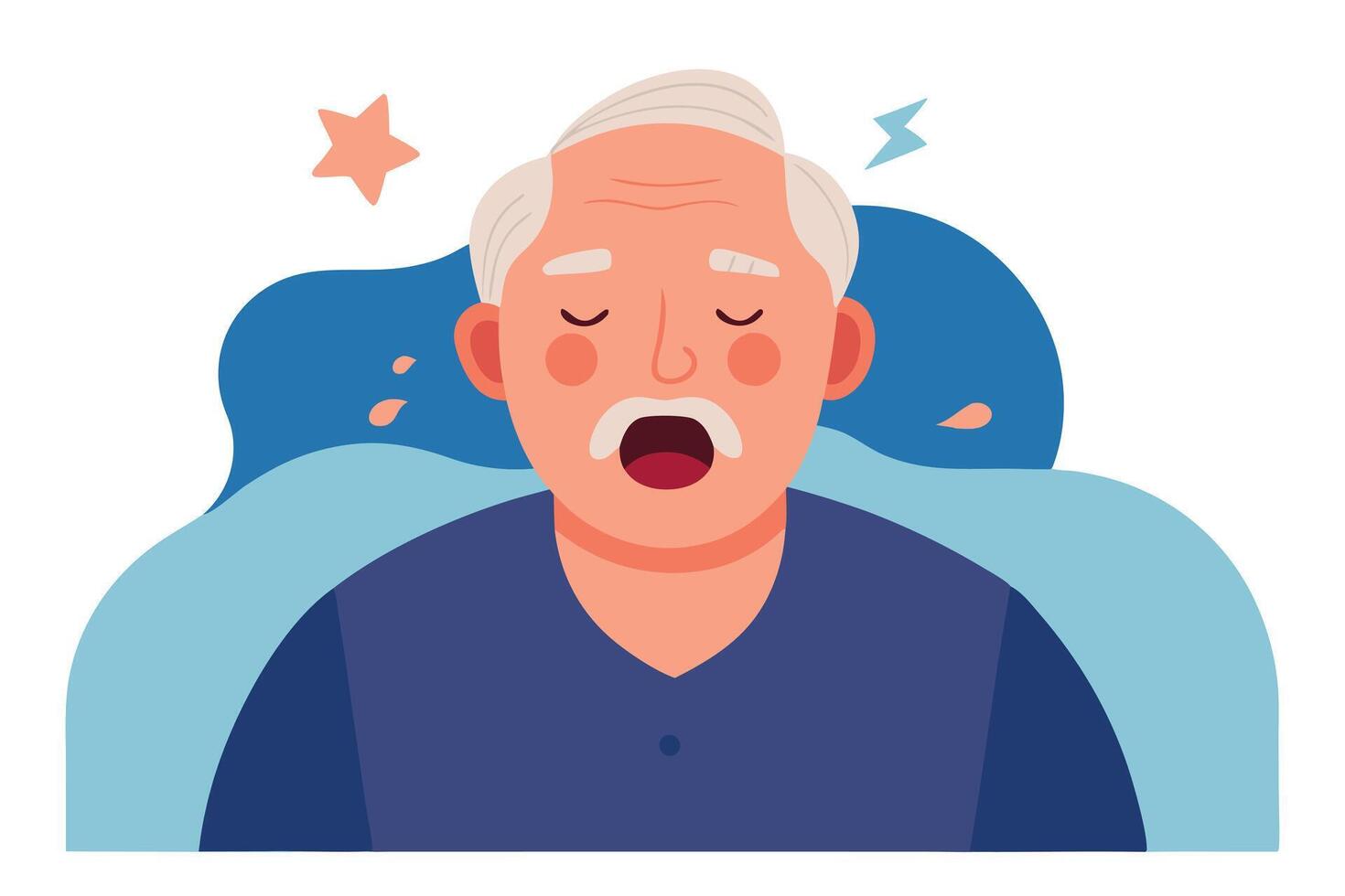 Drowsy Senior Man Cartoon with Closed Eyes, Open Mouth, Star and Light Bolt vector