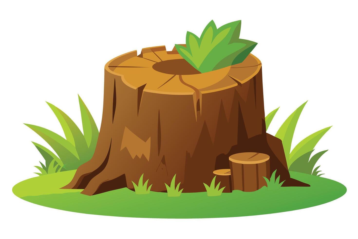 Cartoon Tree Stump with Green Plants and Grass in Isolated vector