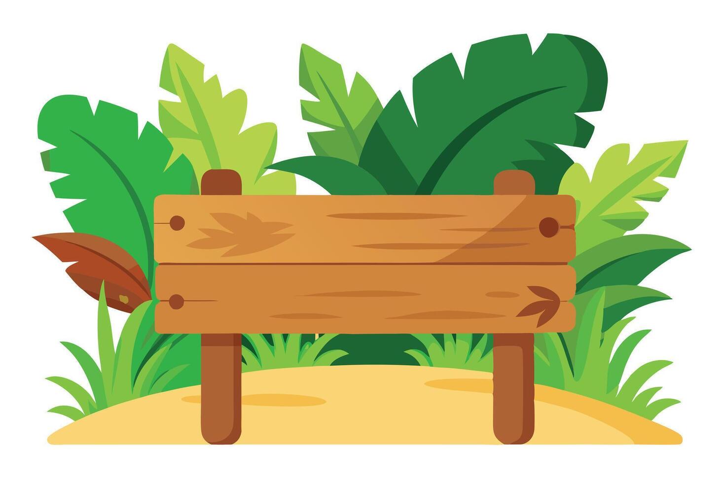 Cartoon Wooden Signboard with Jungle Lush Greenery and Tropical Plants Isolated vector