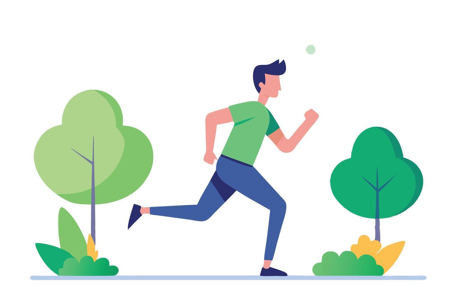 Flat Design Man Jogging in Park with Trees Against a White Background vector