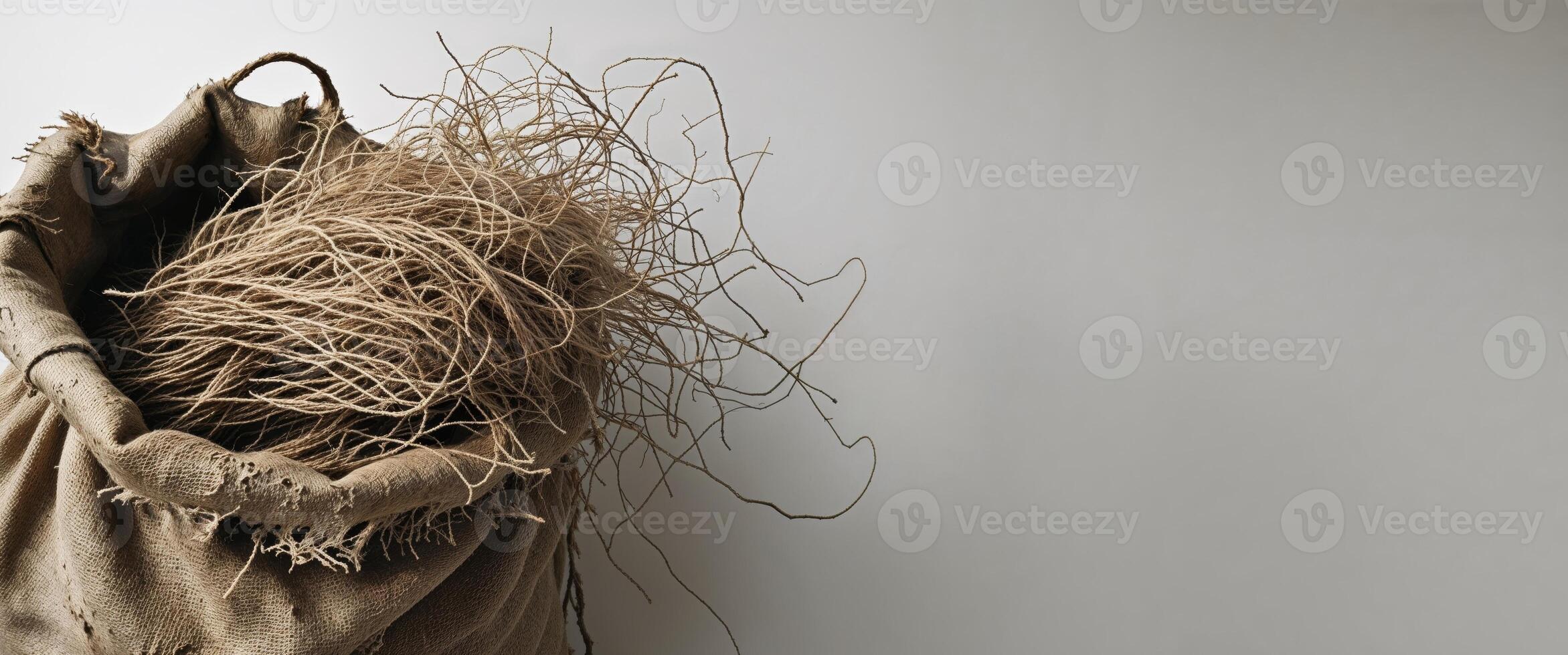 A bag of grass is hanging from a wall photo
