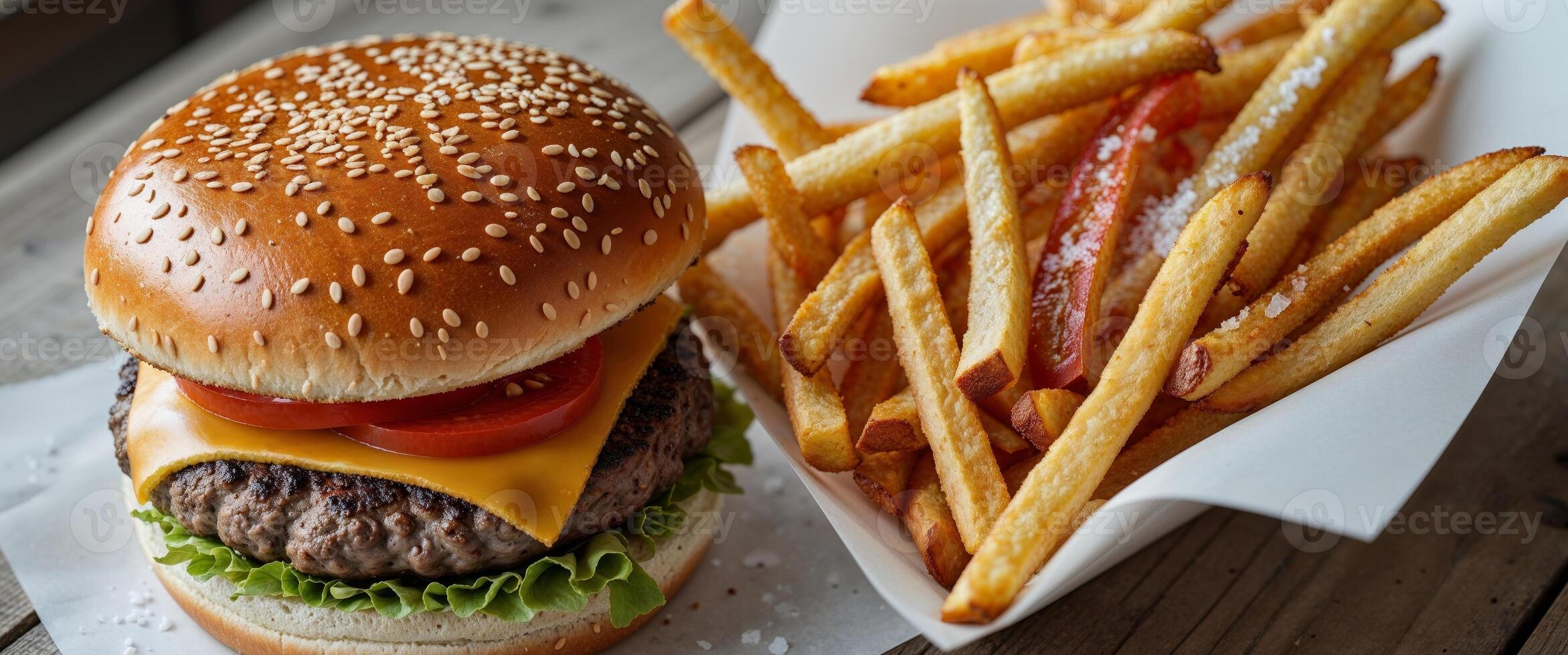A hamburger and french fries sit on a table photo