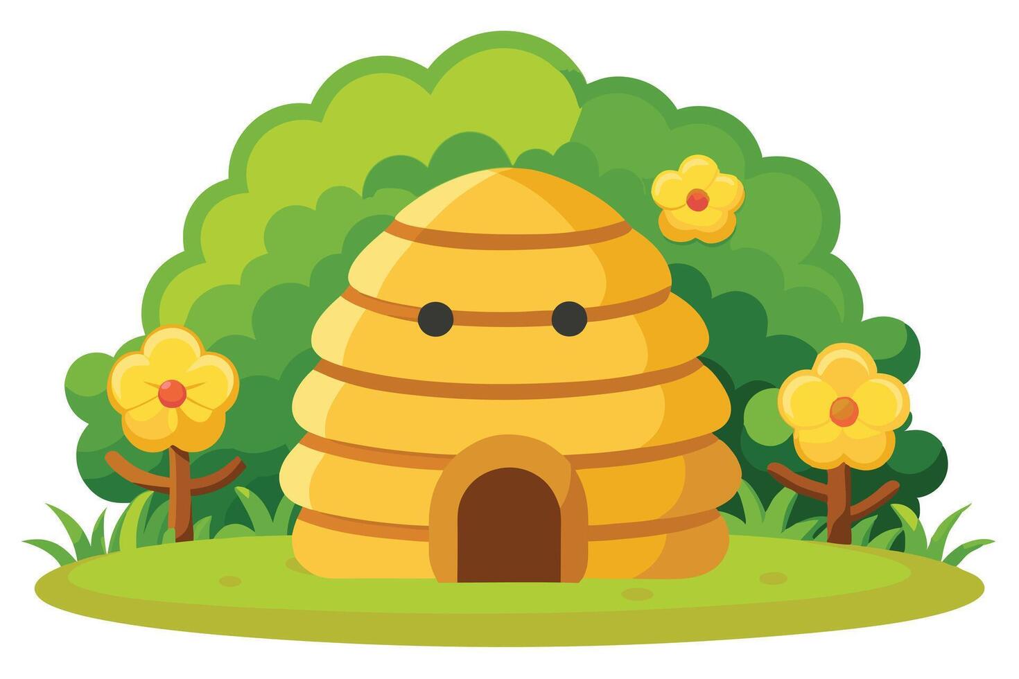 Cute Cartoon Beehive, Green Bushes, and Yellow Flowers on Green Grass Field vector