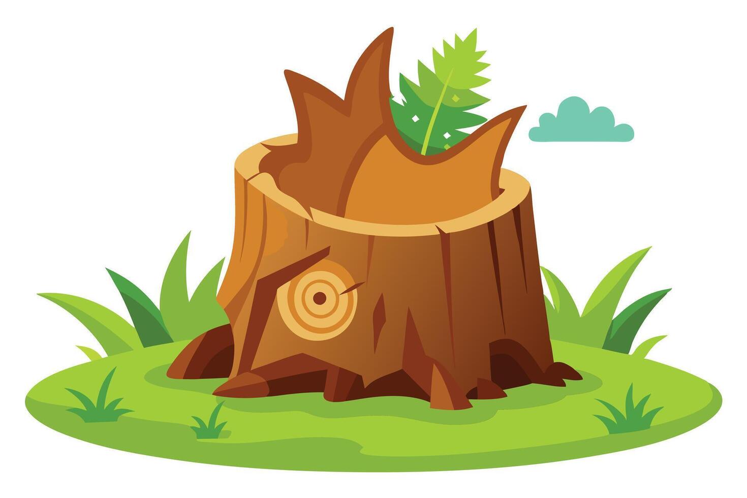 Detailed Cartoon Tree Stump On Green Grass With Small Green Leaf And Blue Cloud vector