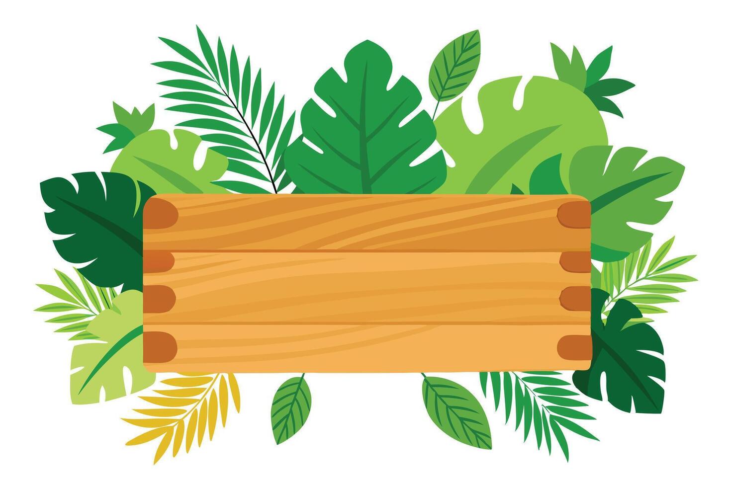 Rustic Wooden Board Surrounded by Lush Tropical Green Foliage on White Background vector