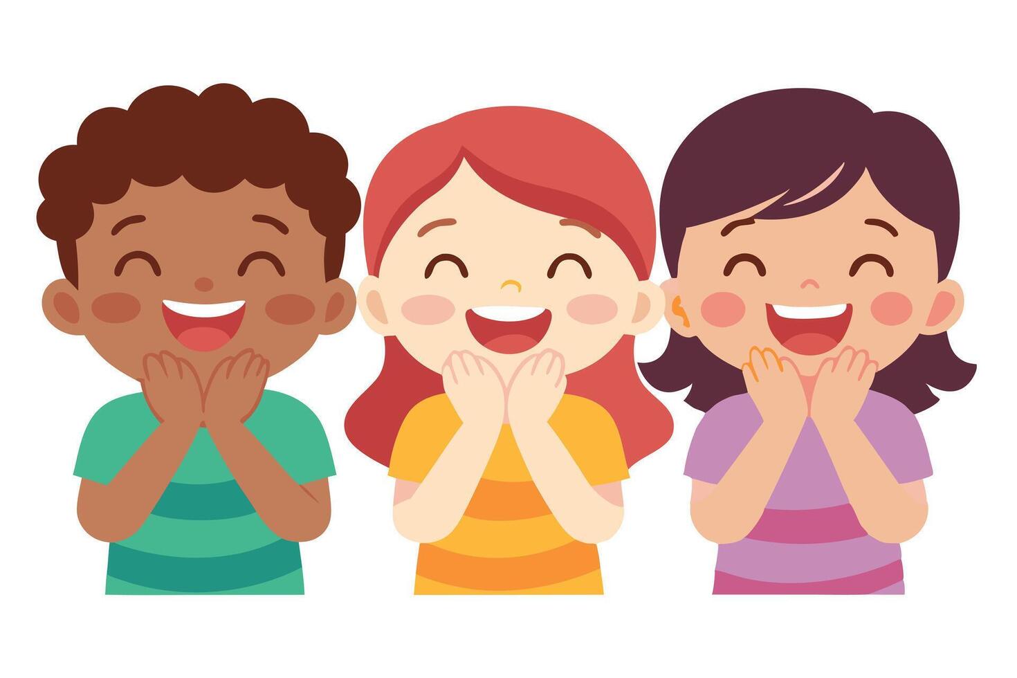 Three Happy Smiling Cartoon Kids Diverse Ethnicity Hands on Face White Background vector