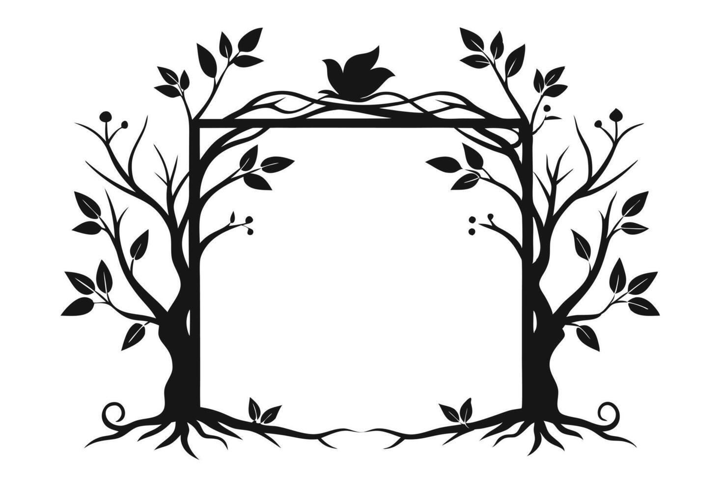 Ornate Tree with Bird Silhouette on Top and Roots at Bottom Transparent vector
