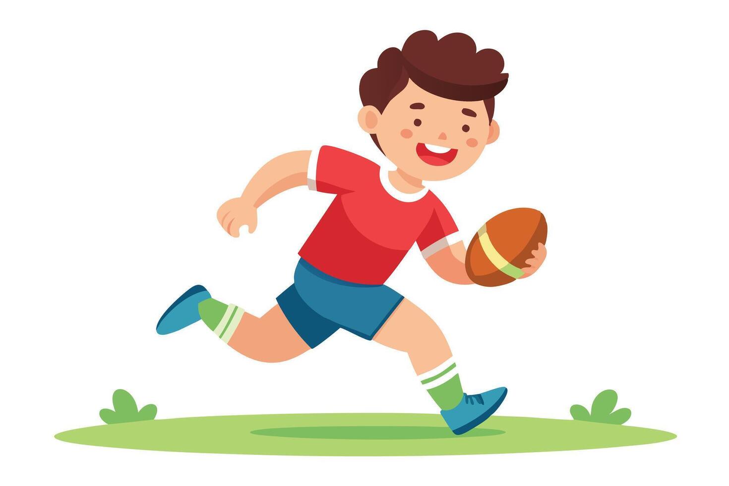 Cartoon Boy Running with Rugby Ball on Green Field and White Background vector