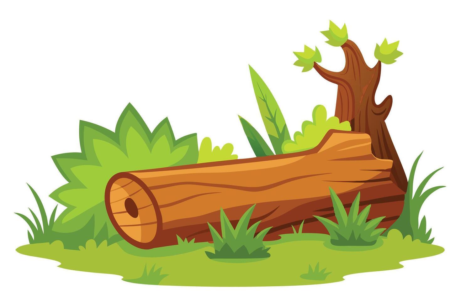 Cartoon fallen tree trunk with leaves on the white backdrop. Simple outdoor vector