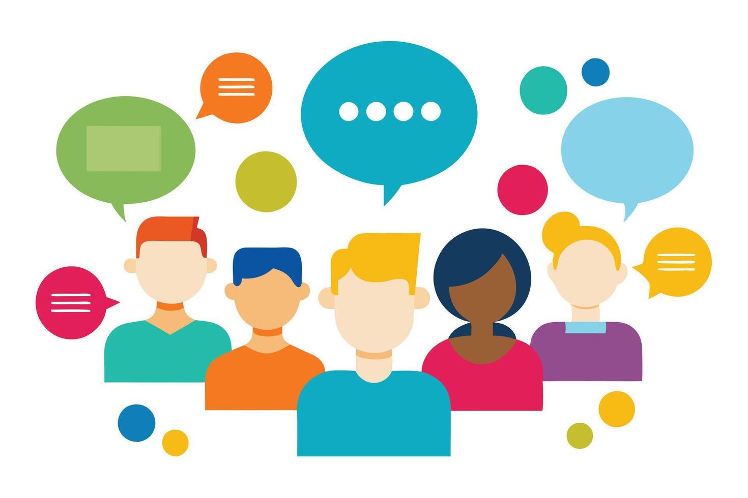 Diverse People Group with Colorful Speech Bubbles, Flat Design, on White Background vector
