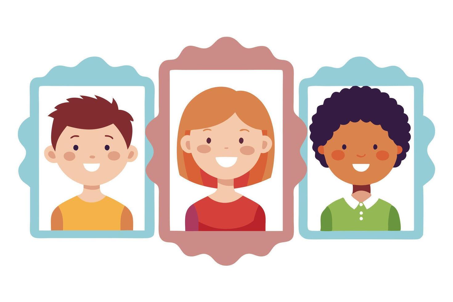 Diverse Cartoon Portraits Illustration, Boy, Girl, Cheerful Faces, Frames, White vector