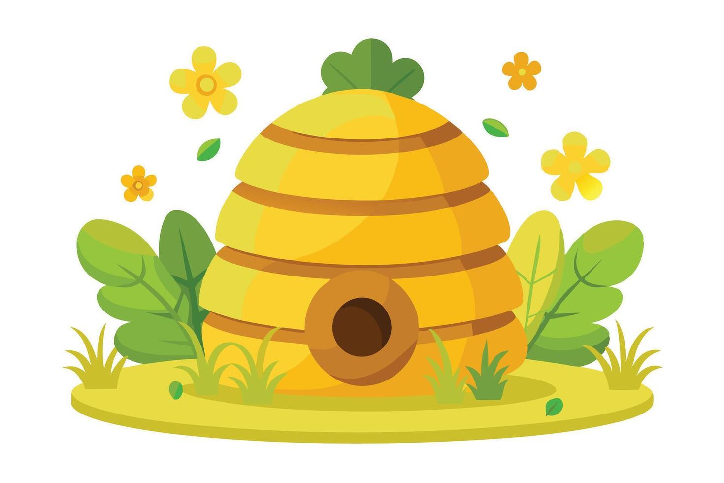 Beehive with Yellow Flowers and Green Leaves on White Background vector