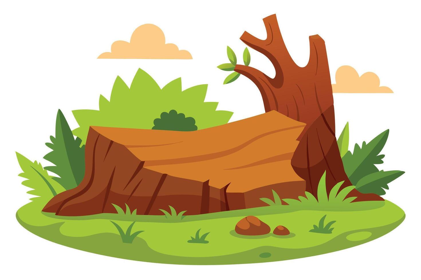 Forest with Tree Stump, Green Grass, Leaves, Sky and Cartoon Clouds on White vector