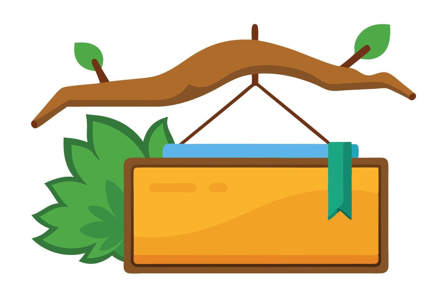 Wood Signboard Hanging from Branch with Green Ribbon, Beside Leafs isolated on white vector