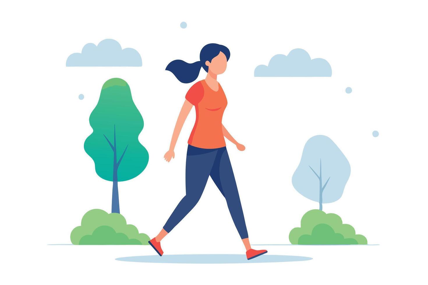Flat Woman Walking Outdoors in Sportswear with Trees and Clouds vector