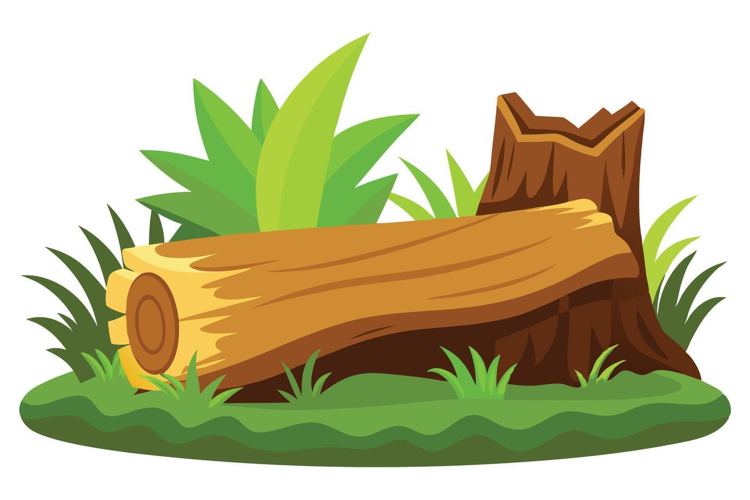 Cartoon Log and Tree Stump with Lush Green Grass and Foliage on White Background vector