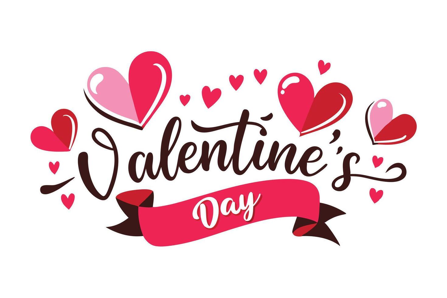 Valentine's Day Script Text with Ribbon Banner, Hearts on White vector