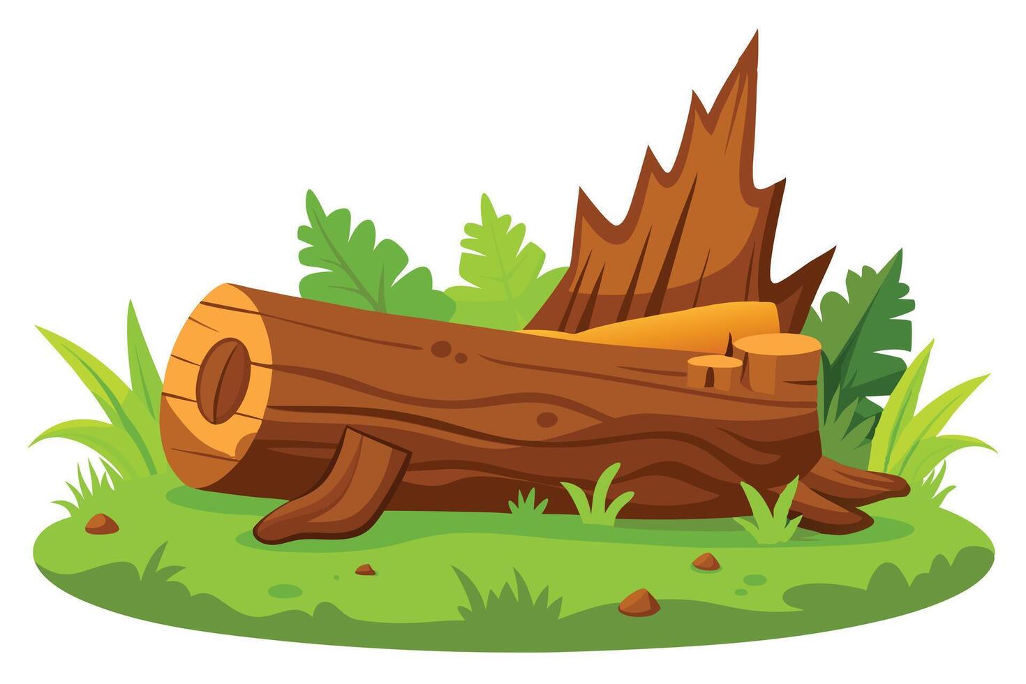 Cartoon Wooden Log On Green Grass With Bushy Leaves, Forest Stumps and Nature Elements vector