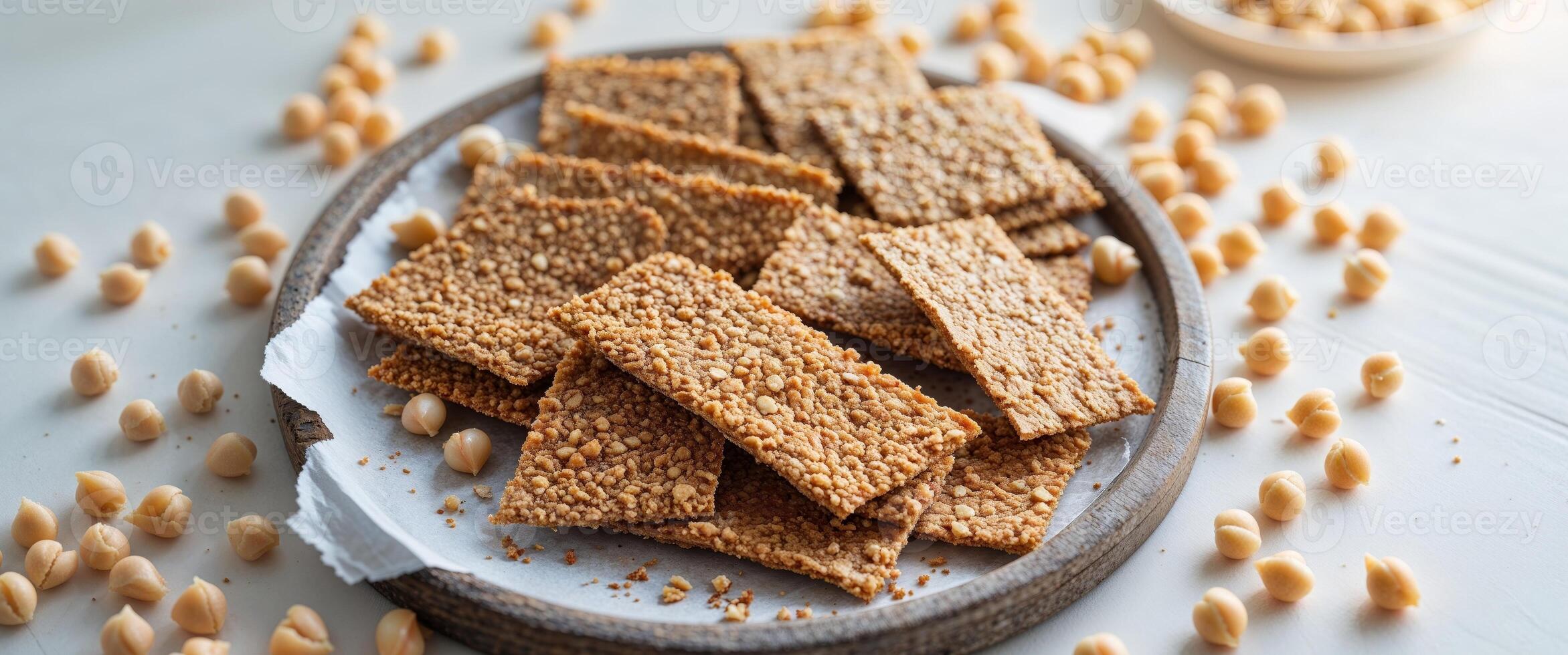 Crispy sorghum and chickpea crackers on wooden tray with scattered chickpeas photo