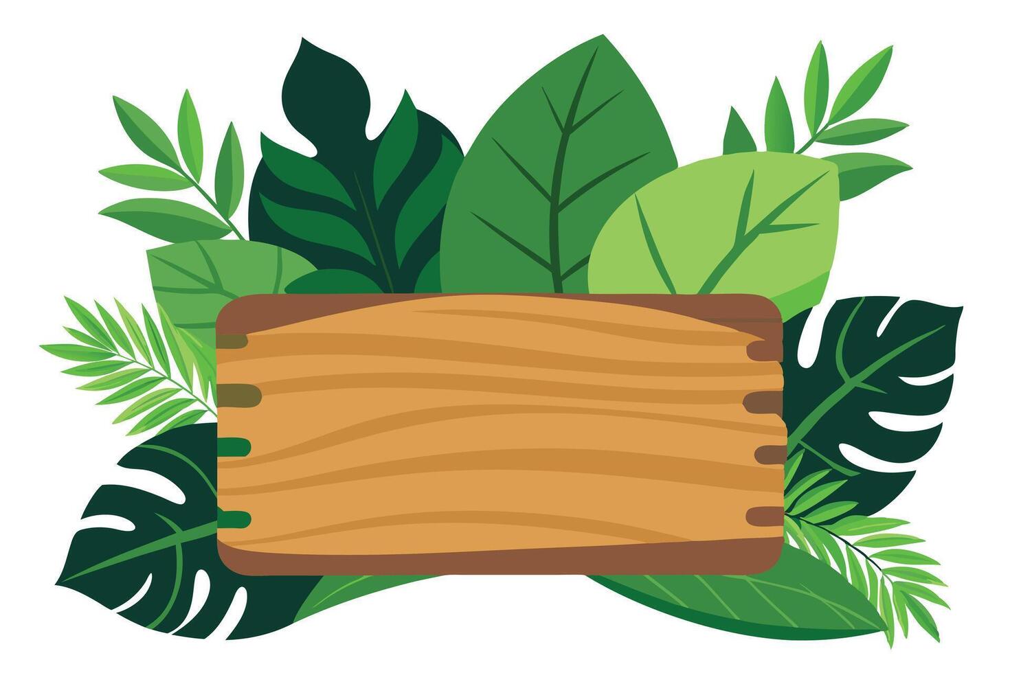Tropical Foliage with Wooden Texture Sign Against a White Background, Vibrant Leaves vector