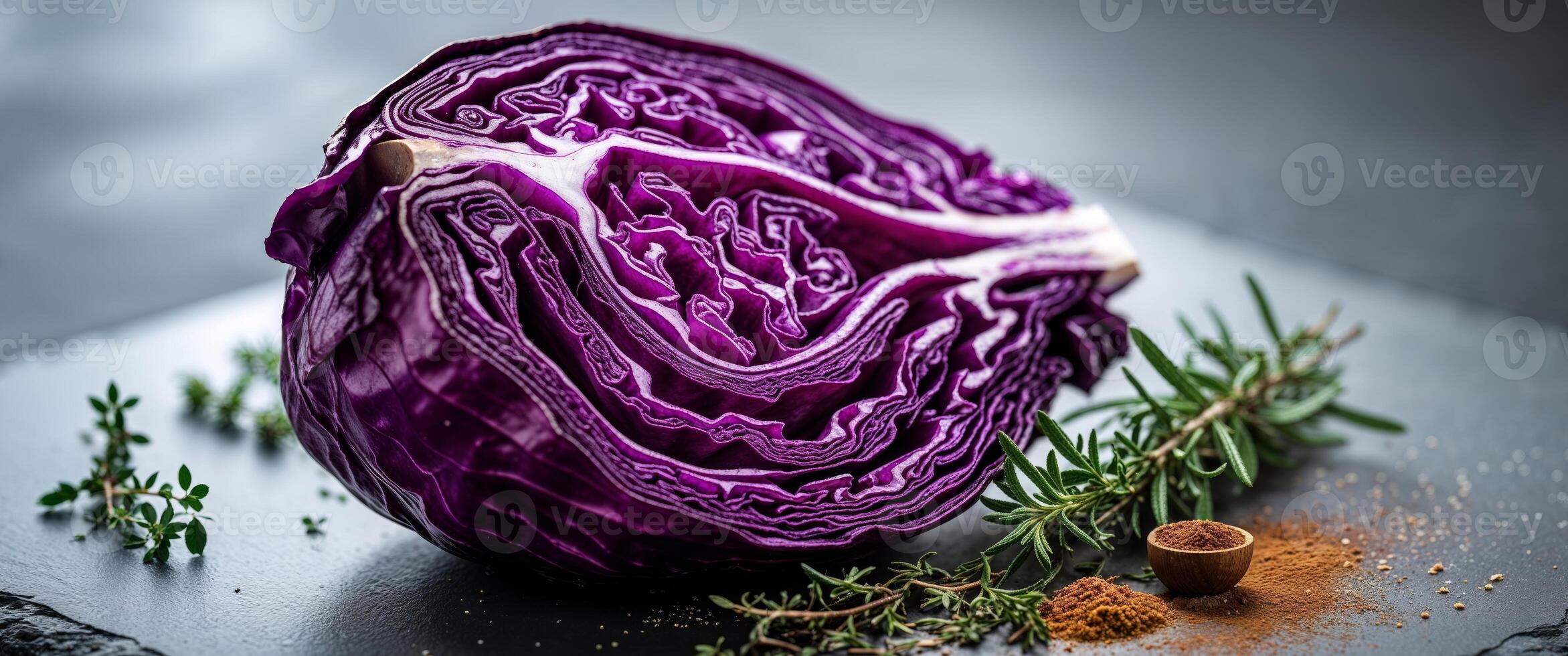 Close up of Delicious Roasted Red Cabbage on Slate Surface with Herbs and Spices Still Life photo