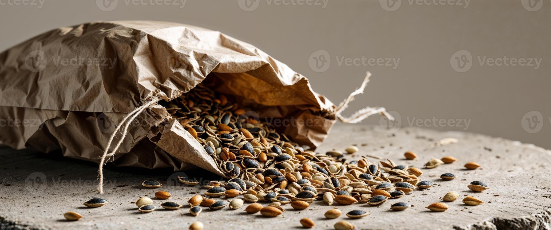 Organic seeds spilling from a biodegradable paper bag. photo