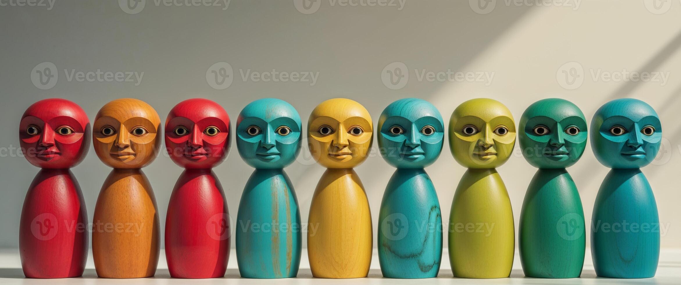 Colorful Wooden Figures Stand Together In A Row photo