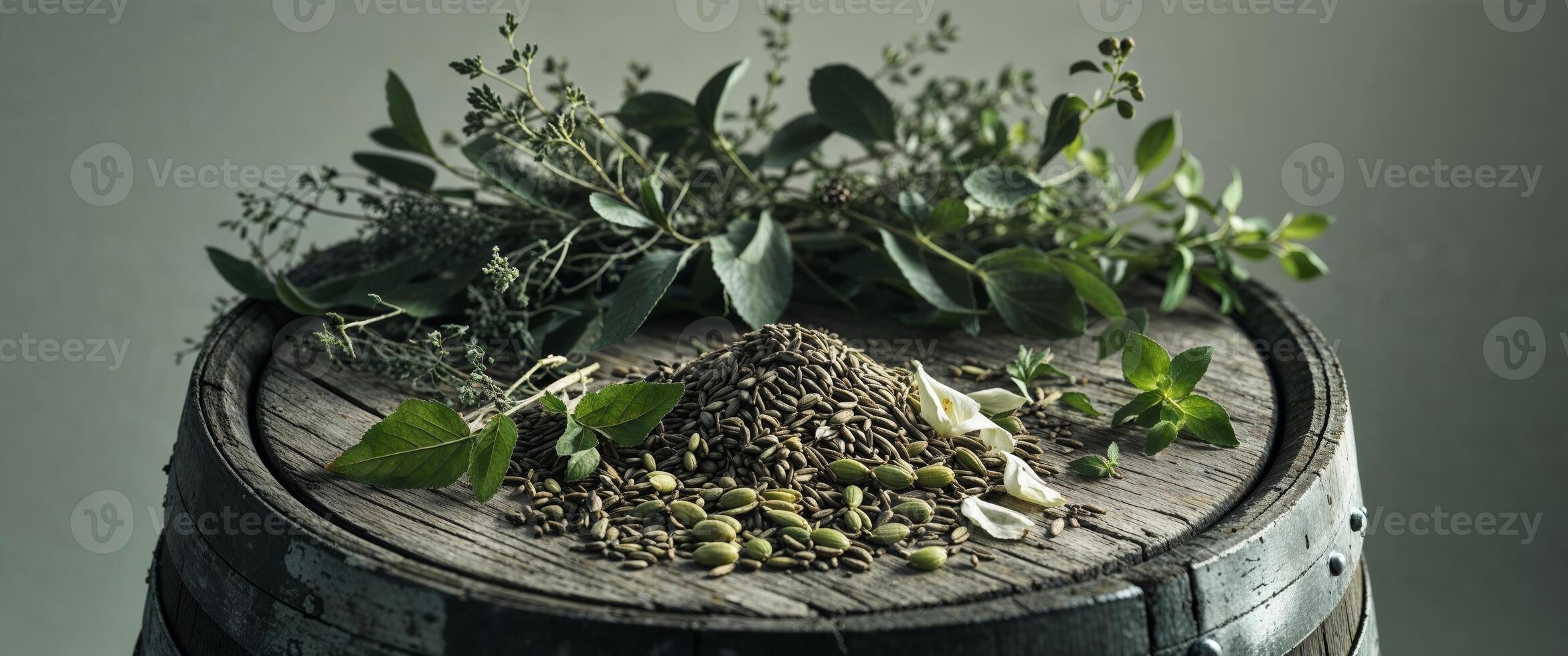 A wooden barrel with a bunch of herbs and seeds on top of it. photo