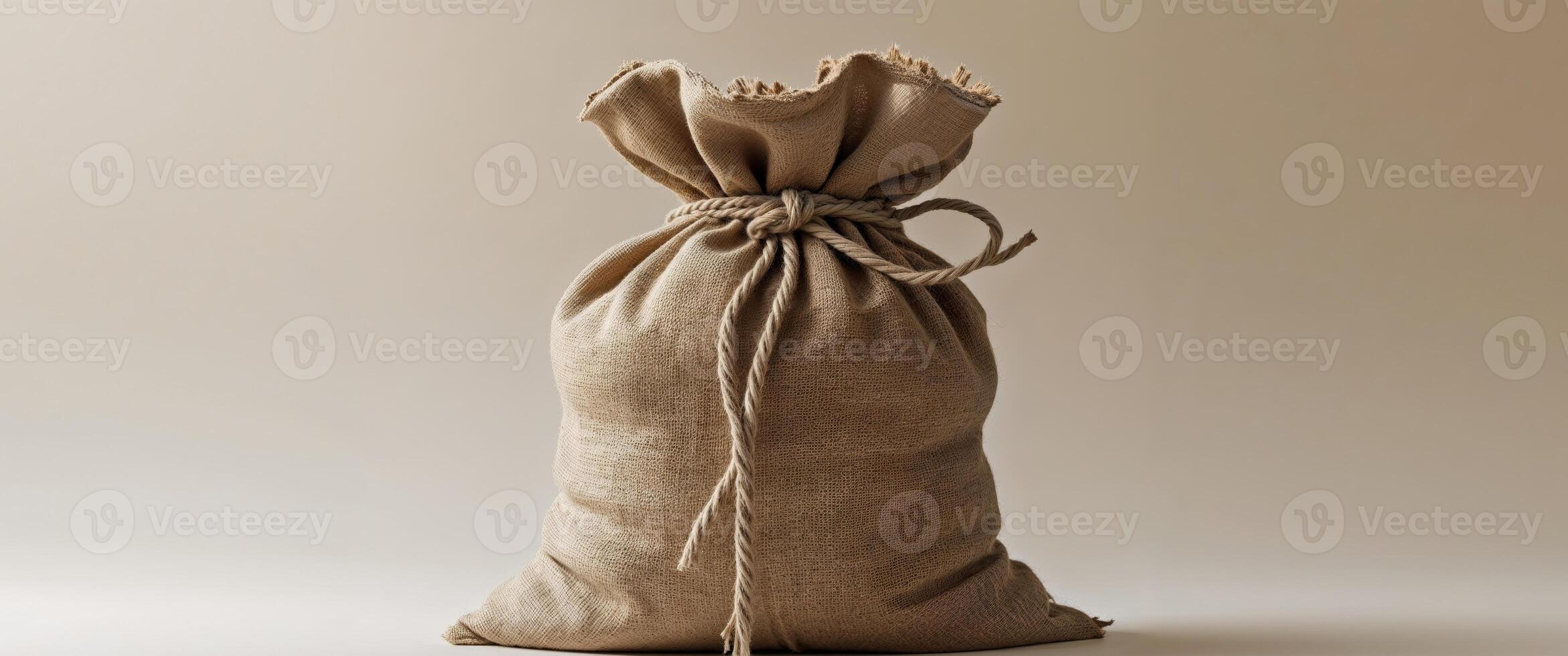 Burlap sack with twine tie on neutral background. photo